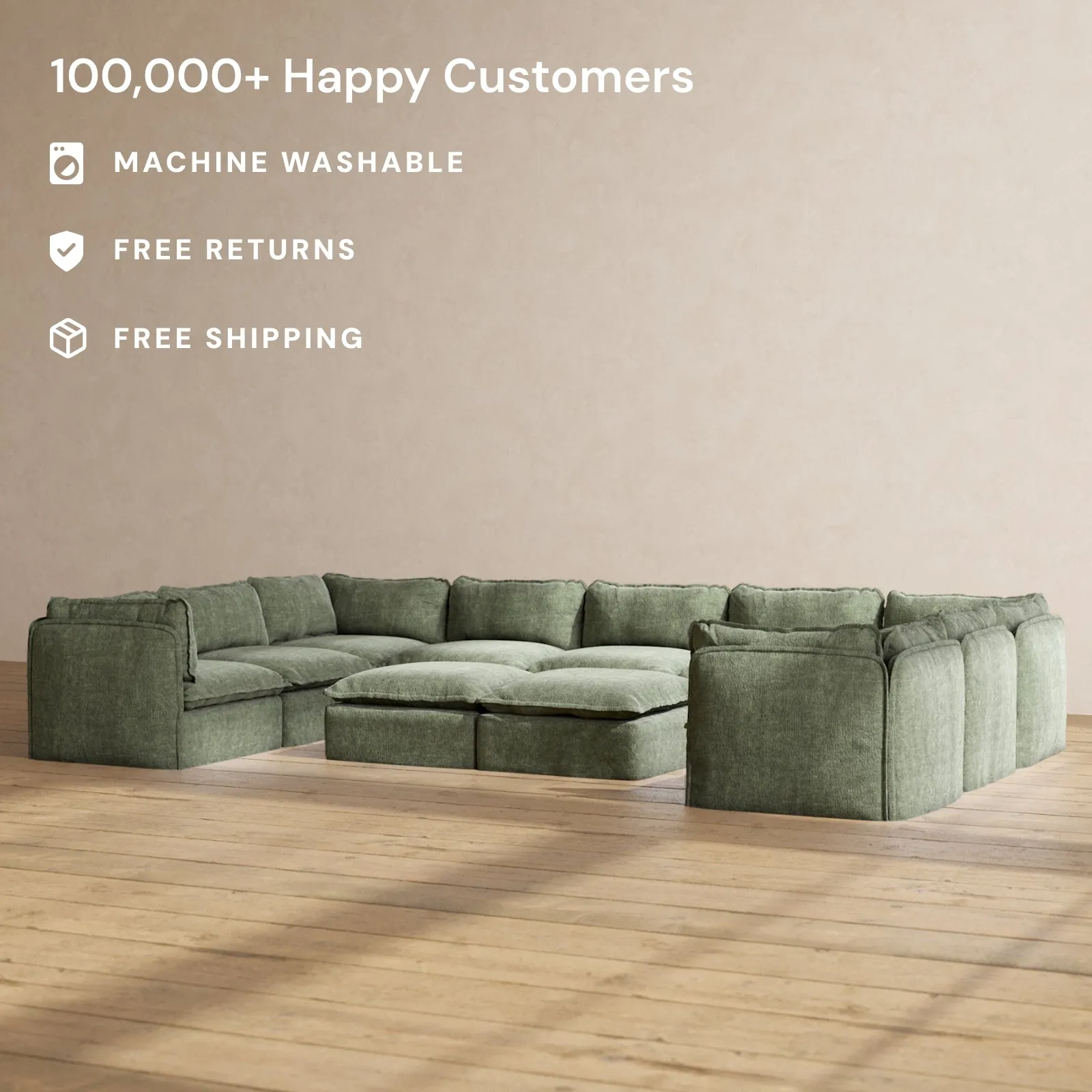 Slipcover Only - Modular Performance 9-Seater U-Sectional   Bench Ottoman | Heirloom Velvet in Willow