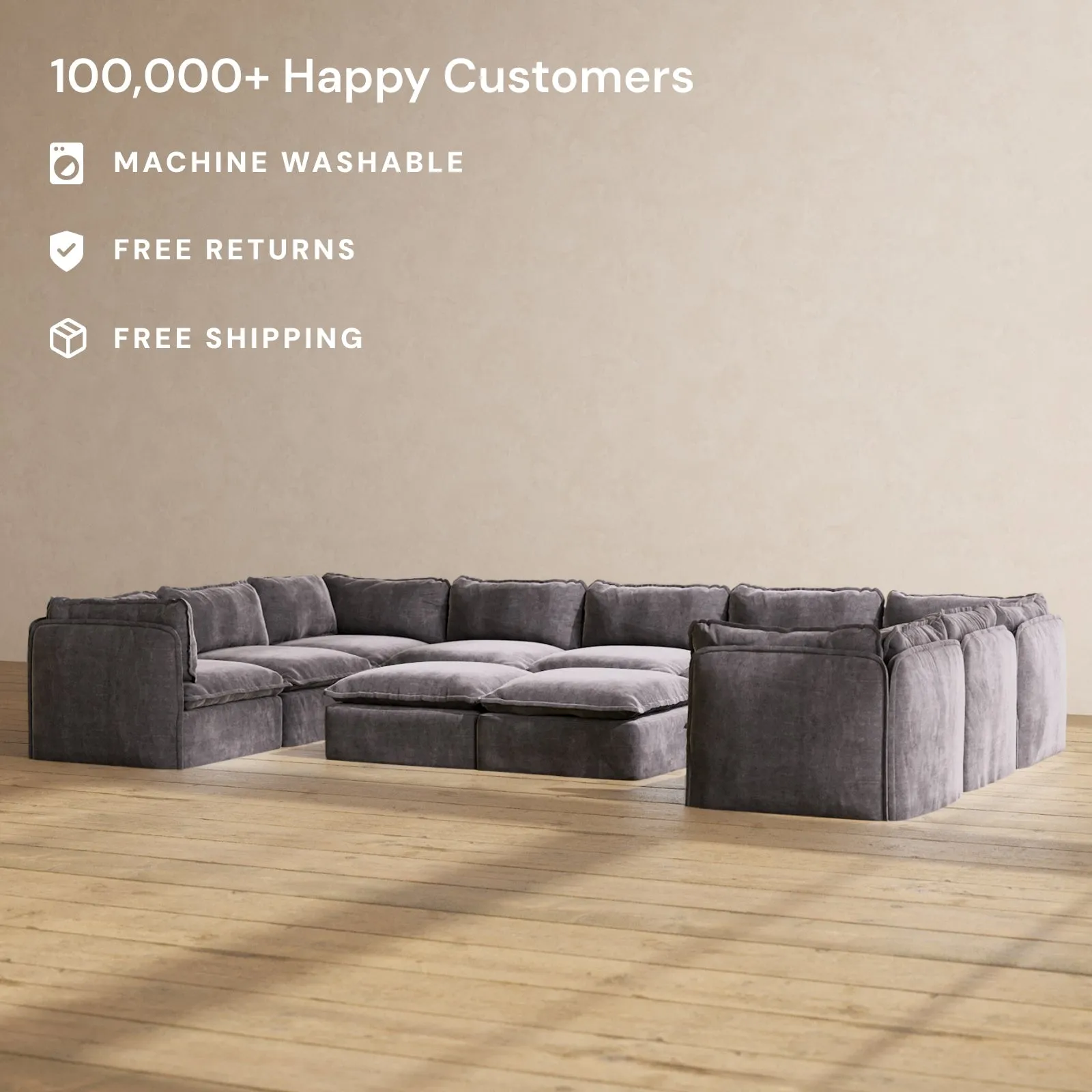 Slipcover Only - Modular Performance 9-Seater U-Sectional   Bench Ottoman | Luxury Velvet in Cinder
