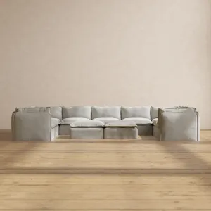 Slipcover Only - Modular Performance 9-Seater U-Sectional   Bench Ottoman | Plush Weave in Ash