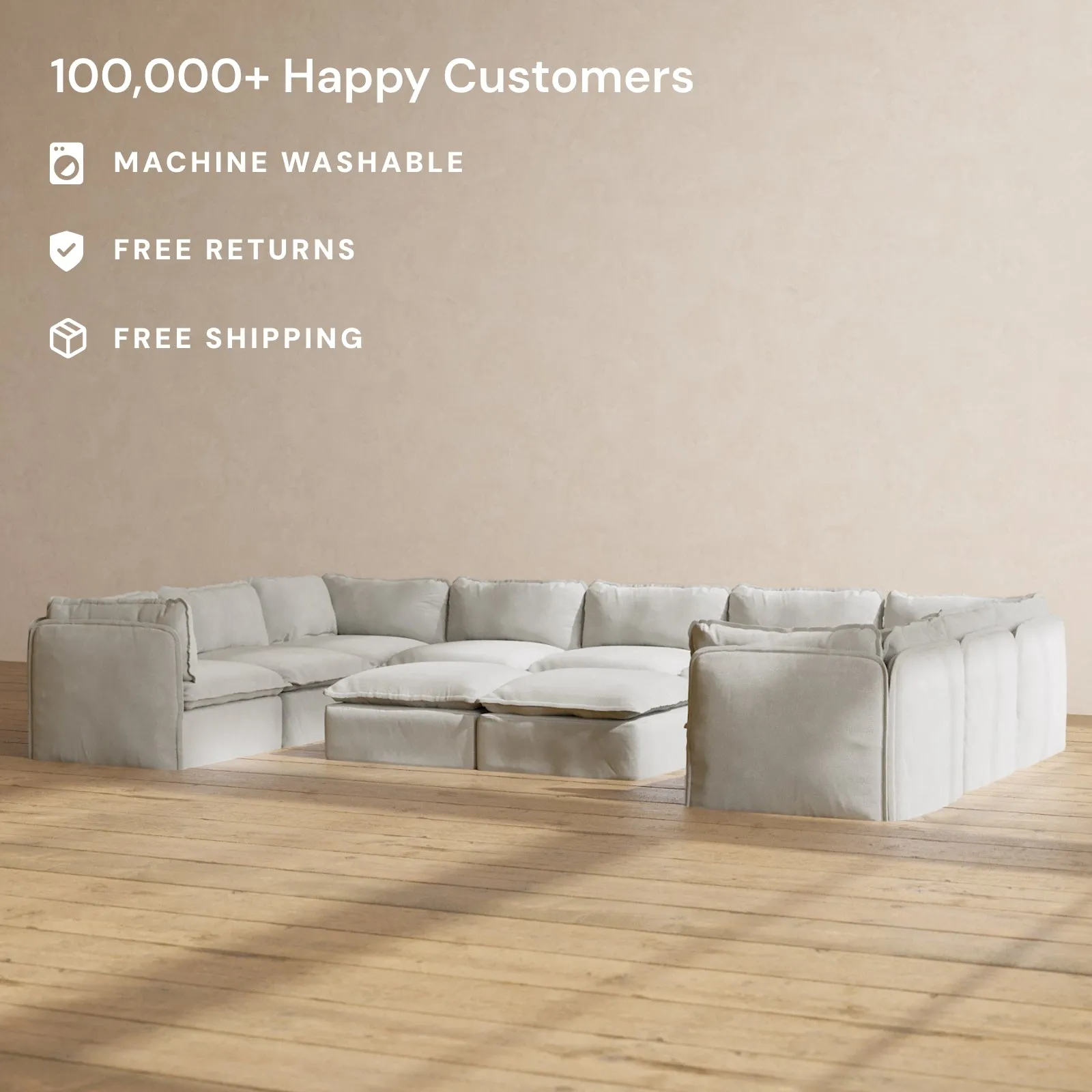 Slipcover Only - Modular Performance 9-Seater U-Sectional   Bench Ottoman | Plush Weave in Ash