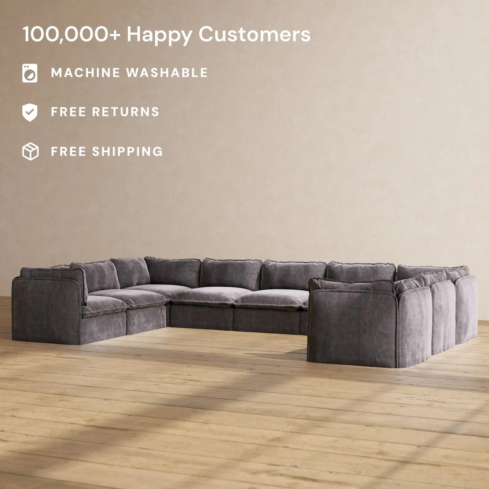 Slipcover Only - Modular Performance 9-Seater U-Sectional | Luxury Velvet in Cinder
