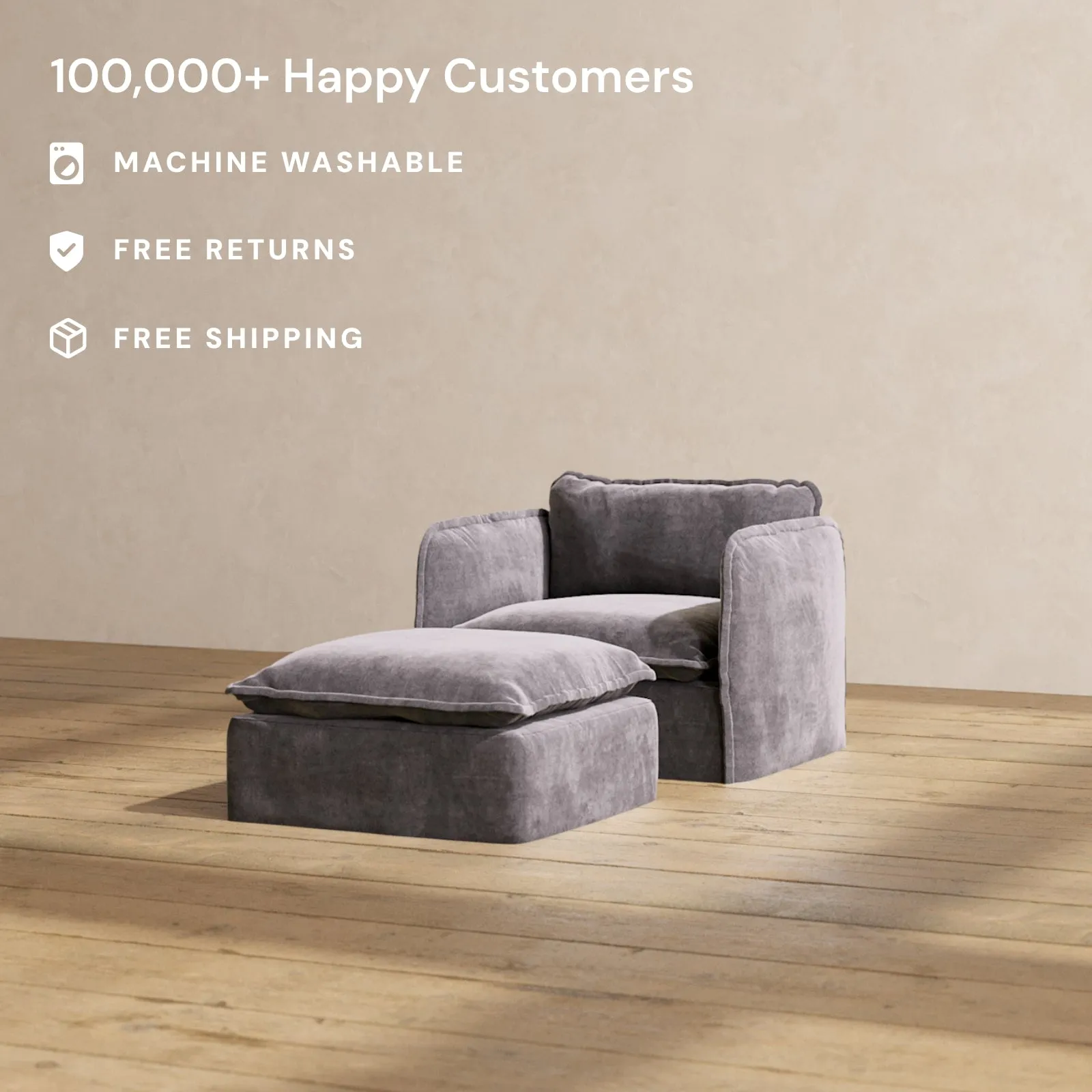 Slipcover Only - Modular Performance Armchair & Ottoman | Luxury Velvet in Cinder