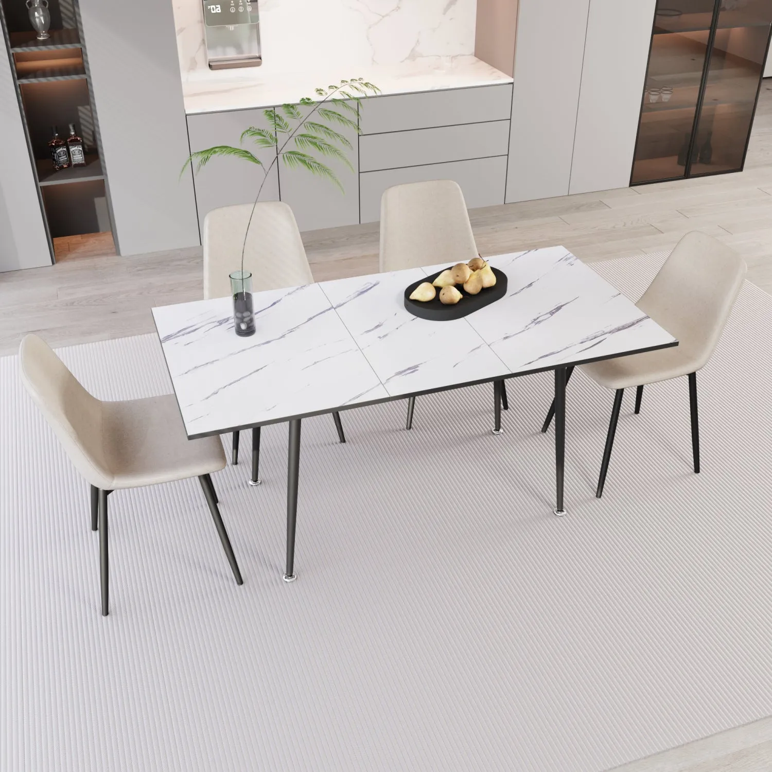 Streamdale 47-63" White Extendable Dining Set: Table & 4 Beige Chairs