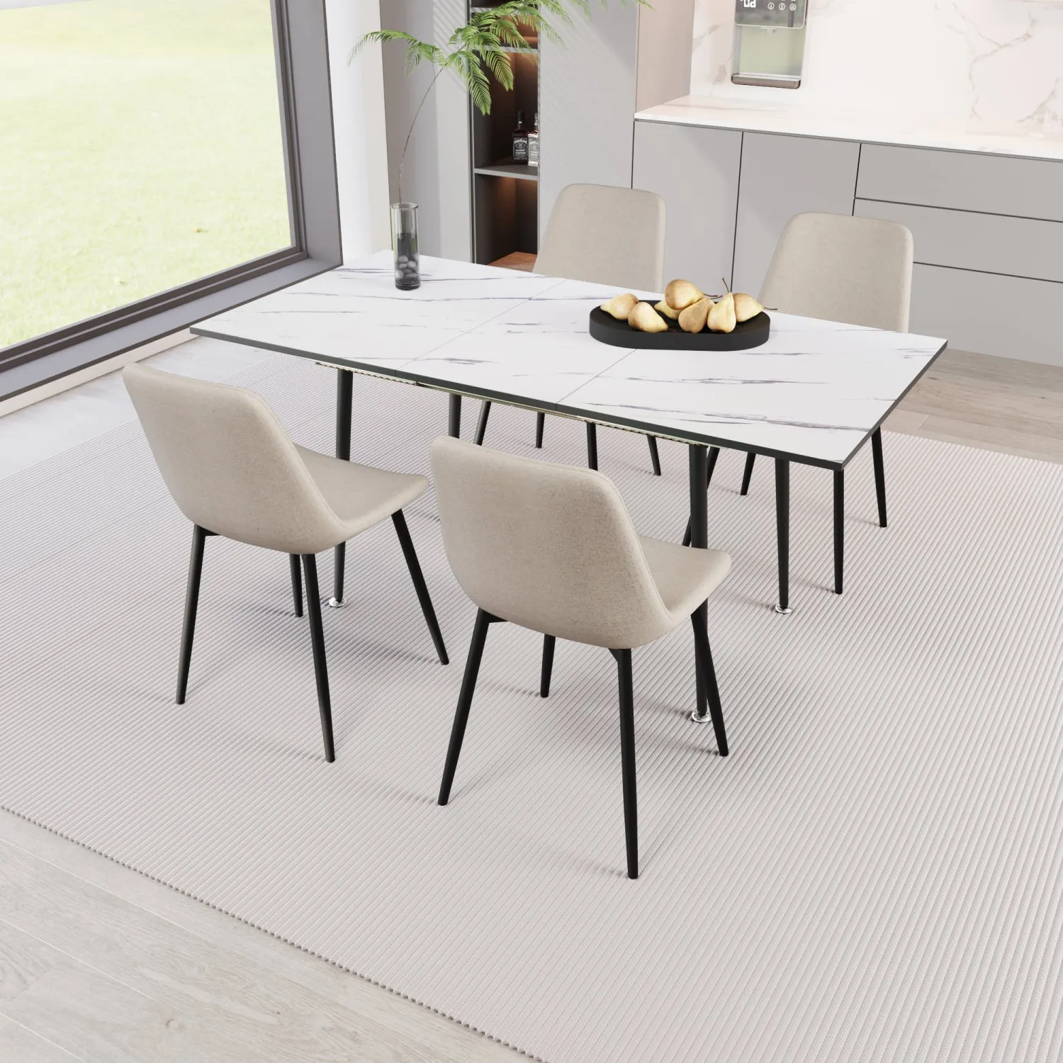 Streamdale 47-63" White Extendable Dining Set: Table & 4 Beige Chairs