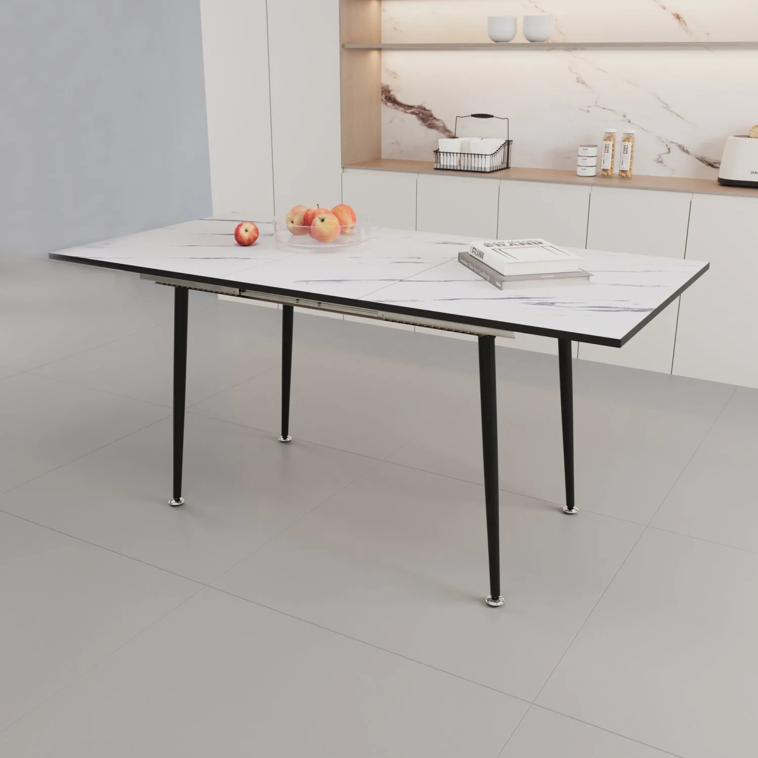 Streamdale 47-63" White Extendable Dining Set: Table & 4 Beige Chairs