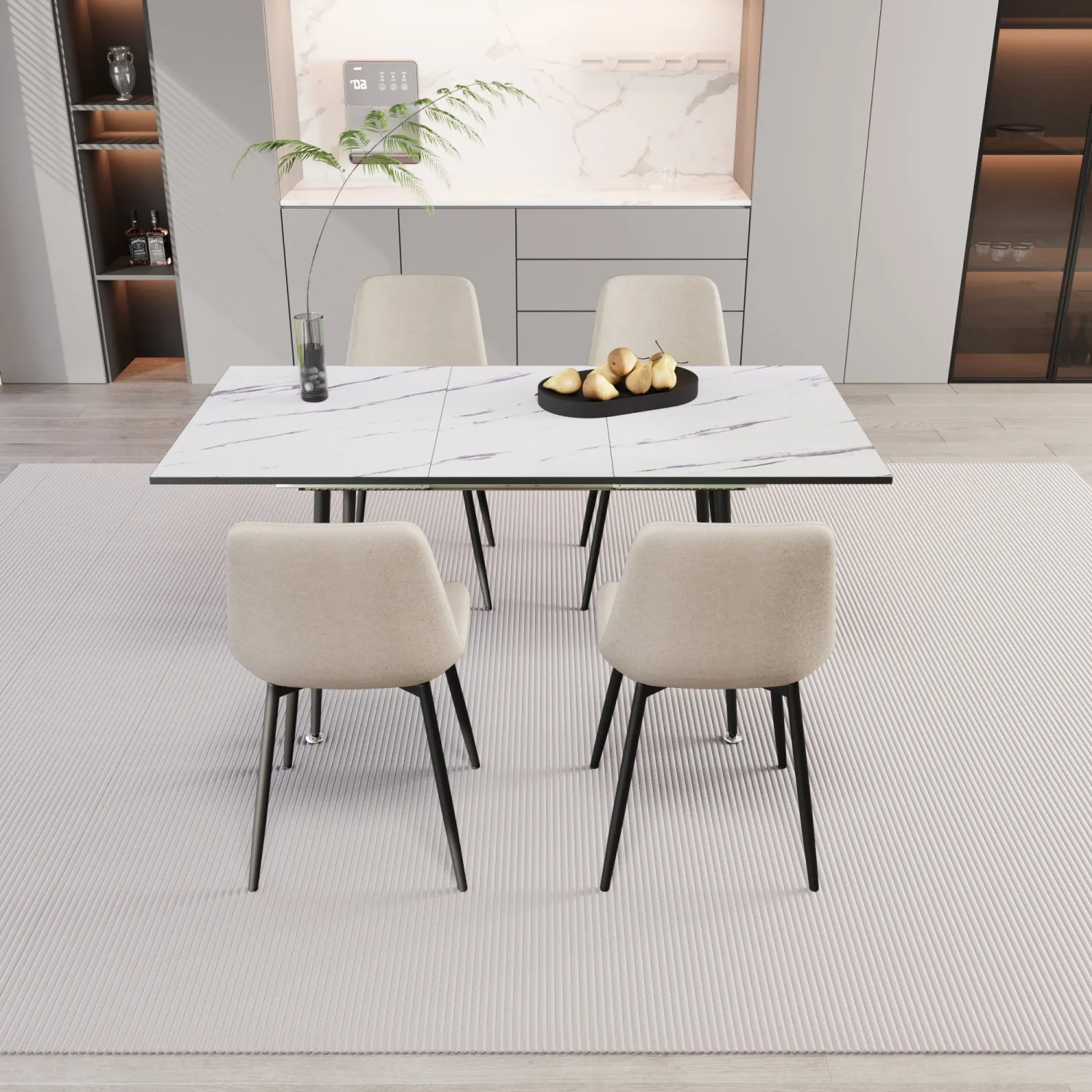 Streamdale 47-63" White Extendable Dining Set: Table & 4 Beige Chairs