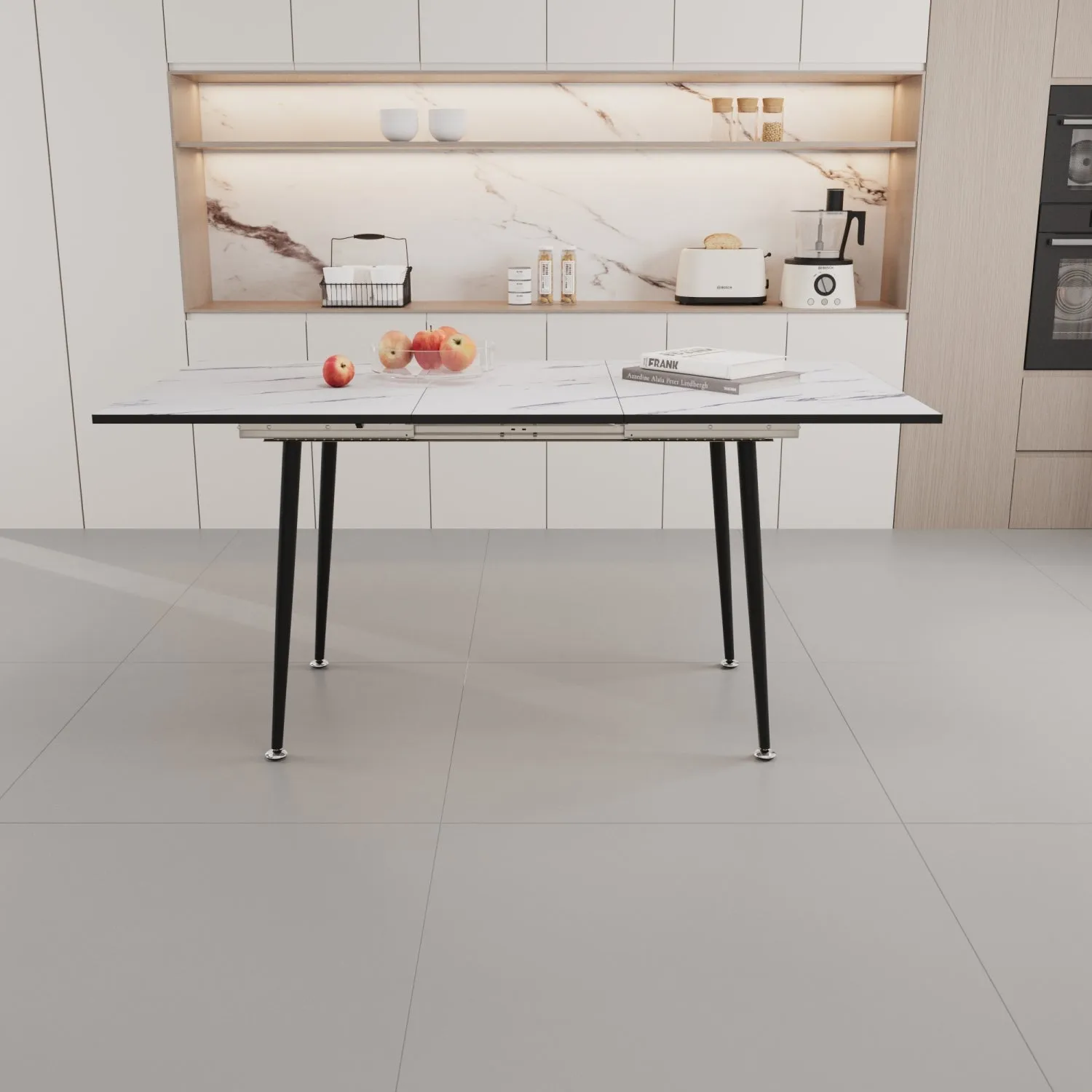 Streamdale 47-63" White Extendable Dining Set: Table & 4 Beige Chairs