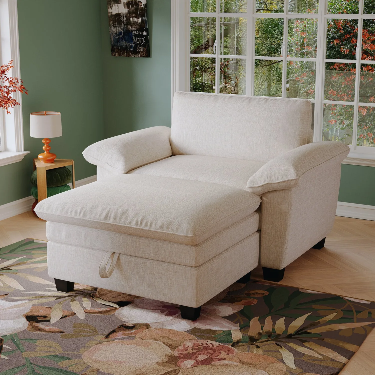 Streamdale 51" Beige Chenille Chaise Lounge with Ottoman & Storage