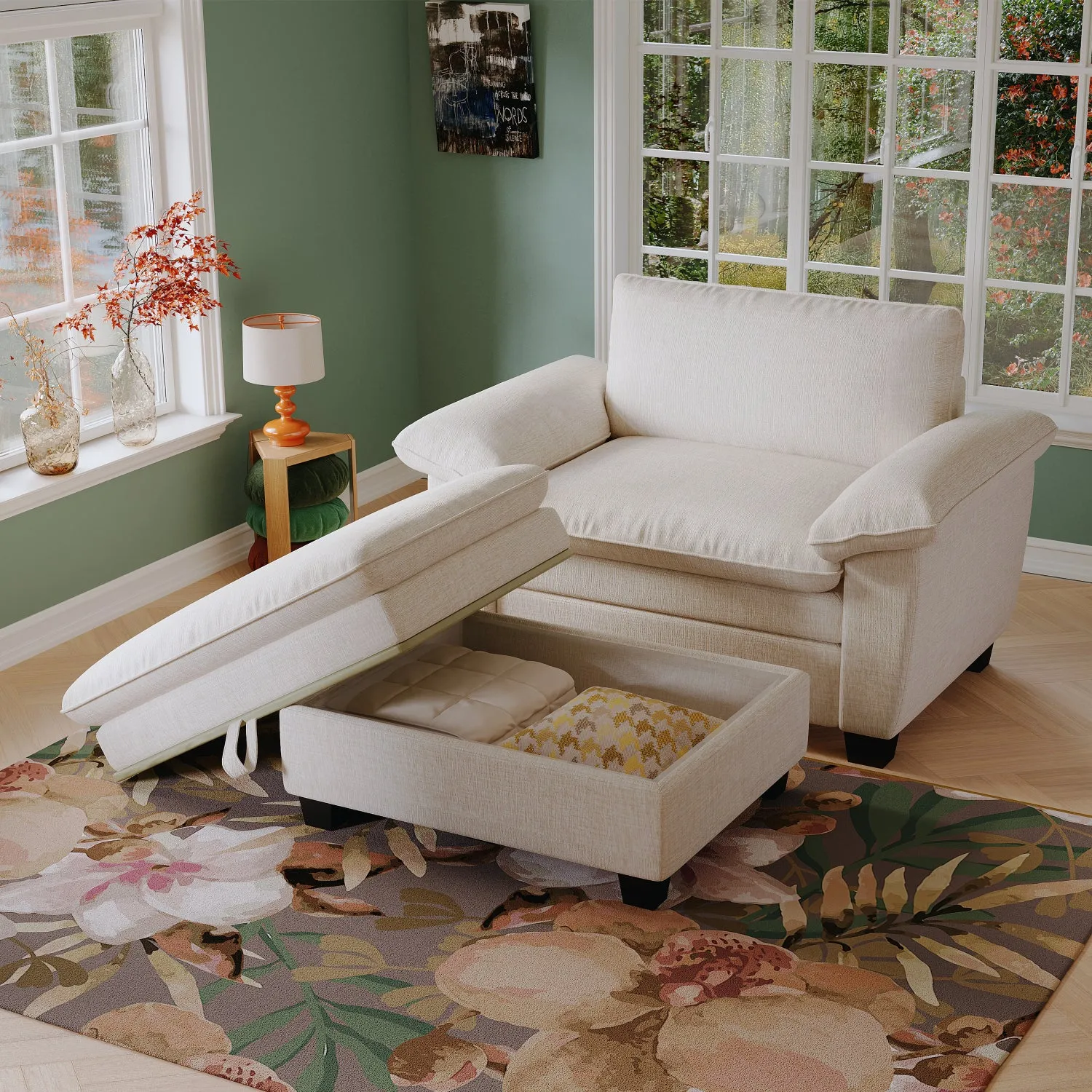 Streamdale 51" Beige Chenille Chaise Lounge with Ottoman & Storage