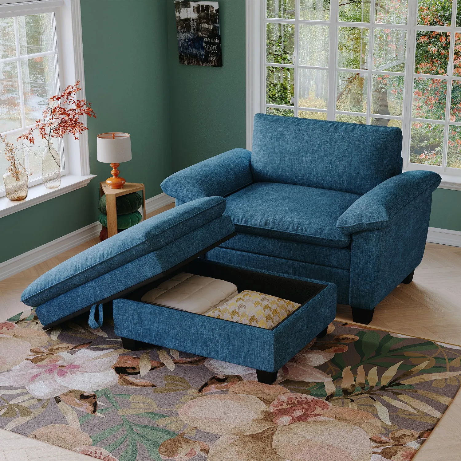 Streamdale 51" Blue Chenille Chaise Lounge with Ottoman & Storage