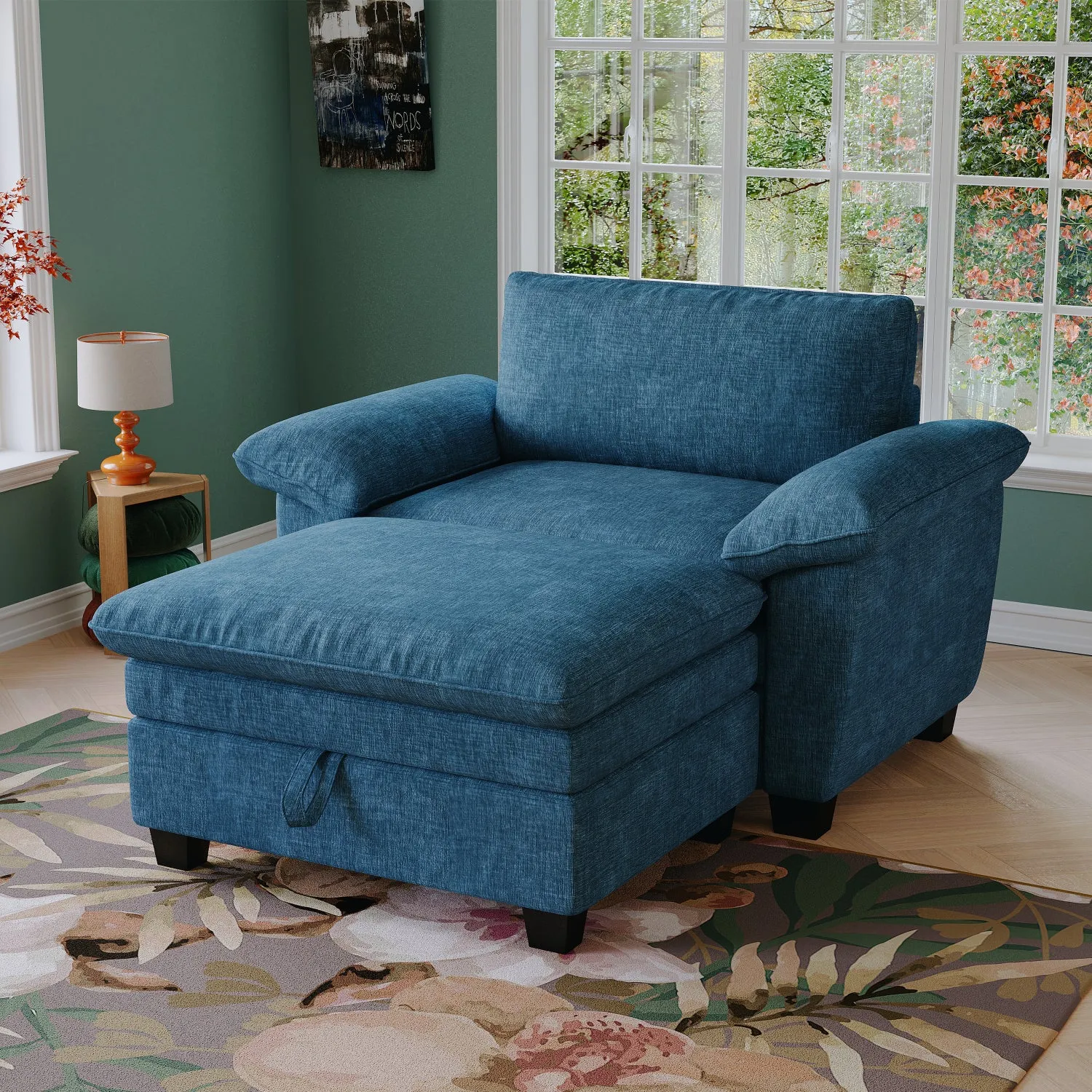 Streamdale 51" Blue Chenille Chaise Lounge with Ottoman & Storage