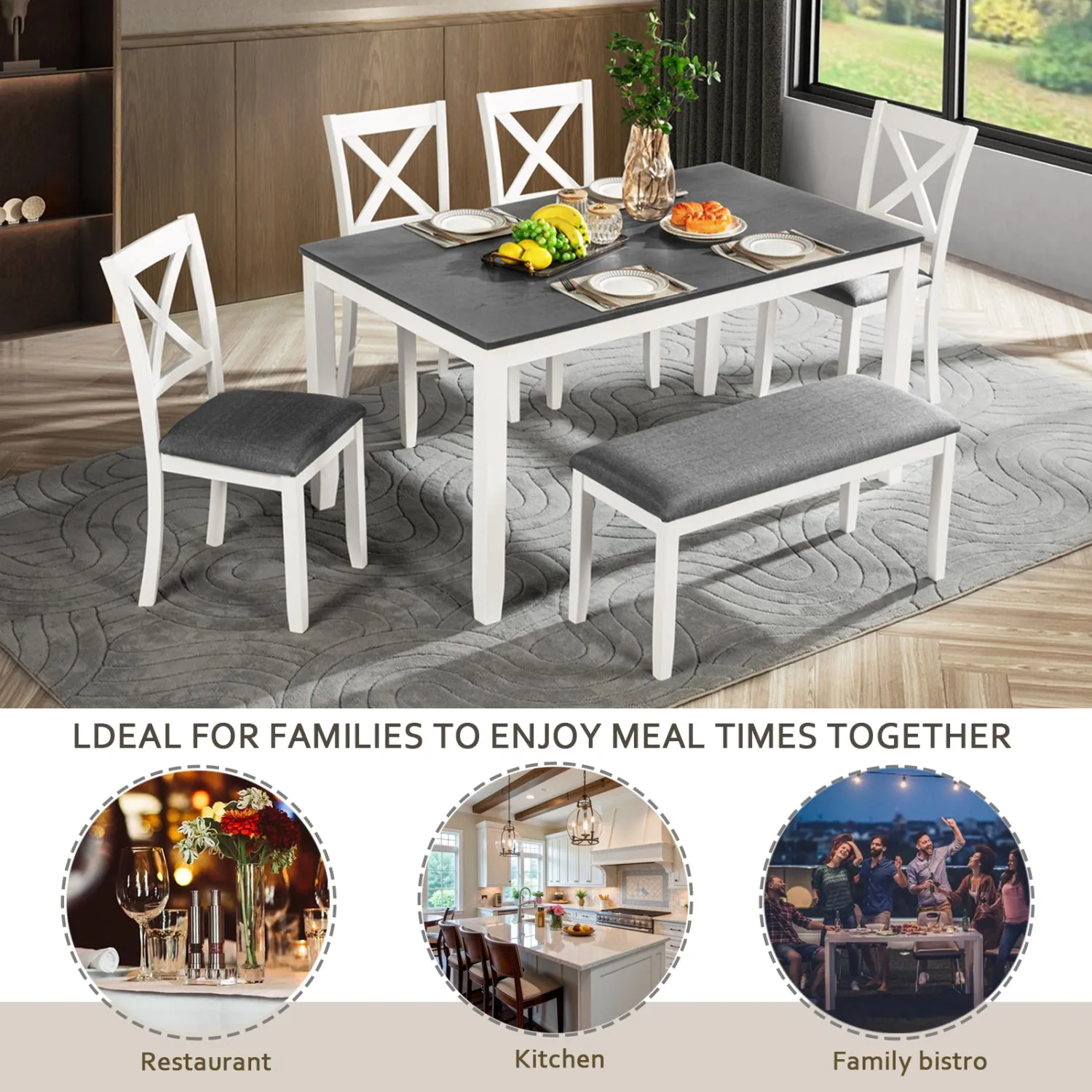 Streamdale 6-Piece Grey & White Dining Set with Bench