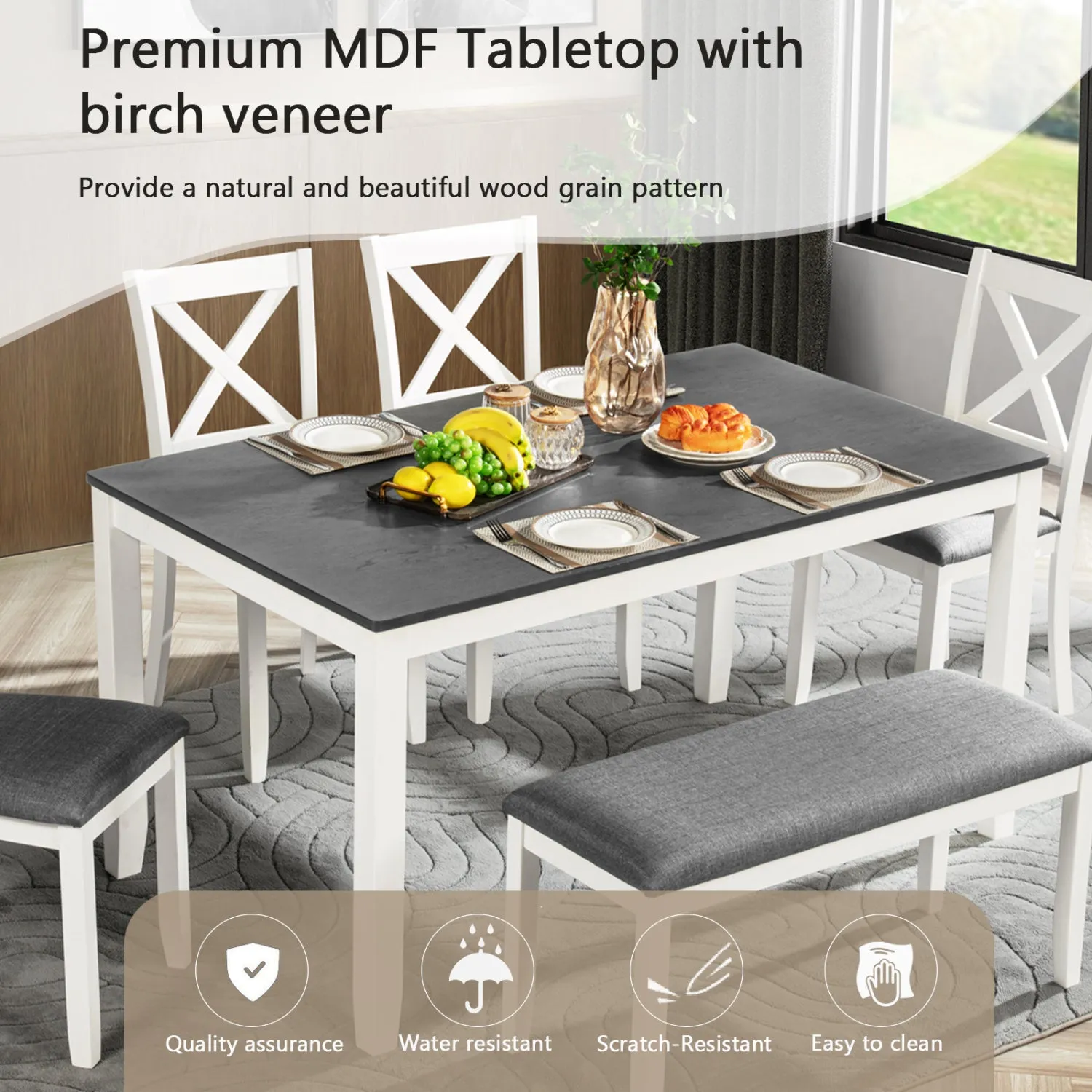 Streamdale 6-Piece Grey & White Dining Set with Bench
