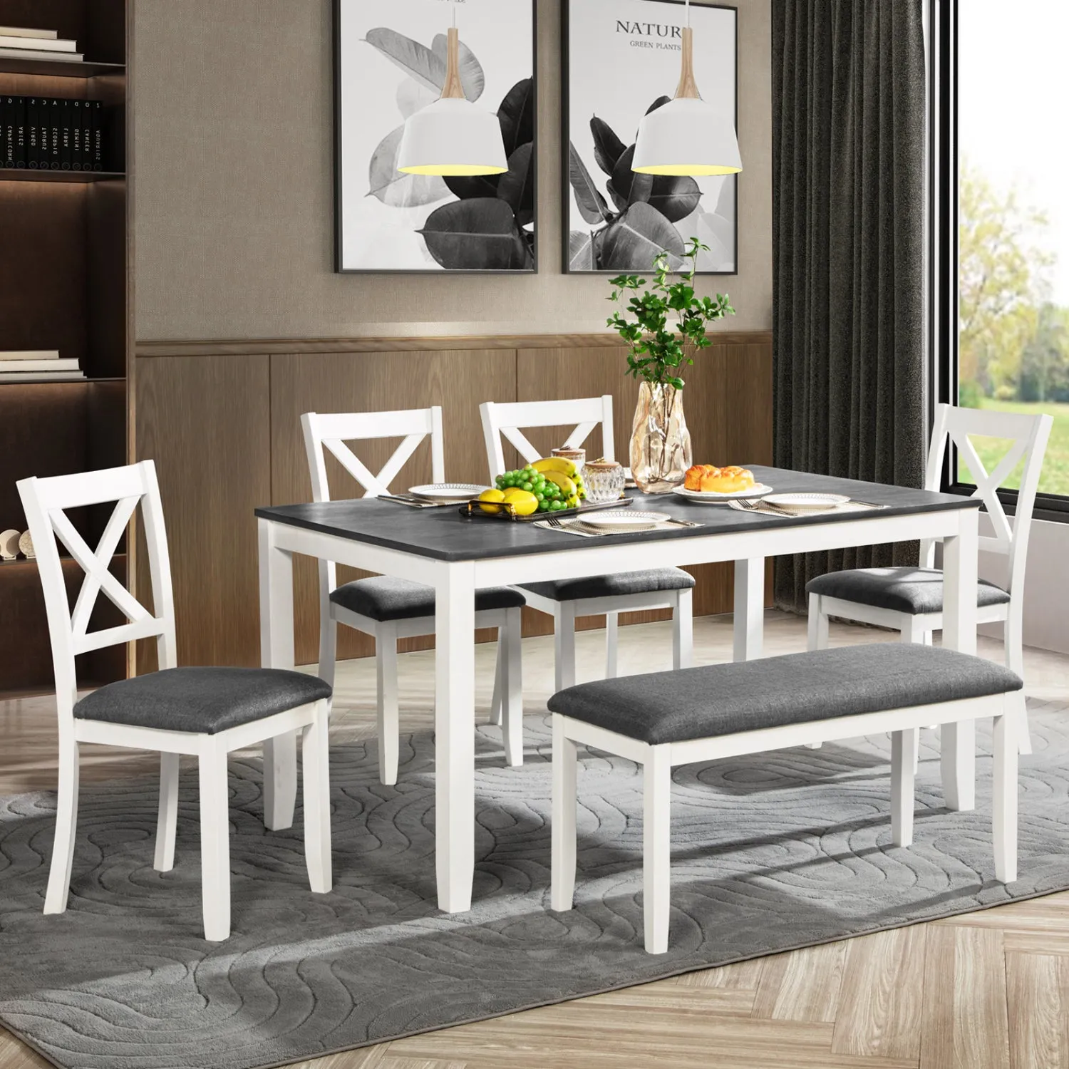 Streamdale 6-Piece Grey & White Dining Set with Bench