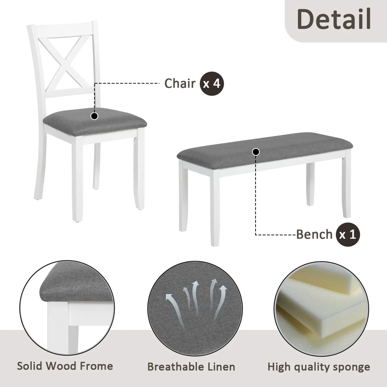 Streamdale 6-Piece Grey & White Dining Set with Bench