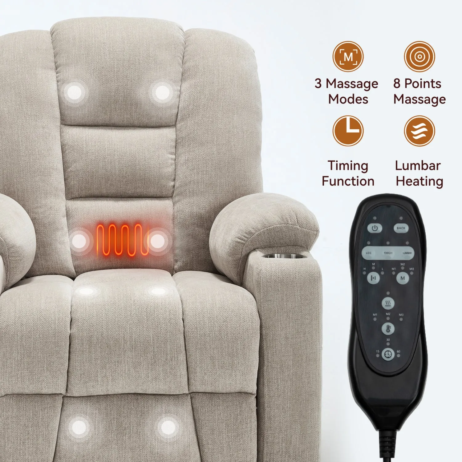 Streamdale Power Lift Recliner w/ Massage & Heat, USB, Cup Holders - Beige