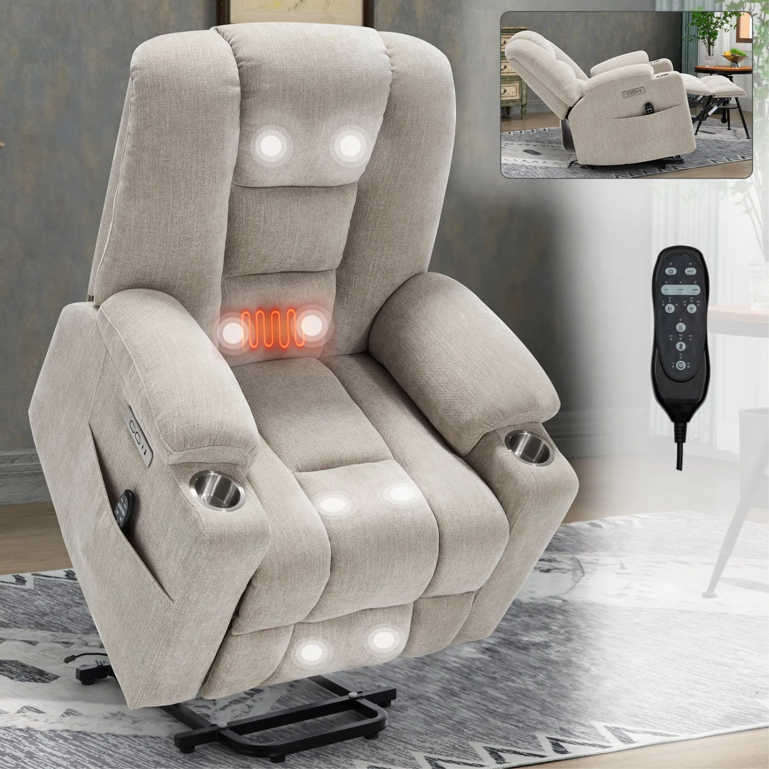 Streamdale Power Lift Recliner w/ Massage & Heat, USB, Cup Holders - Beige