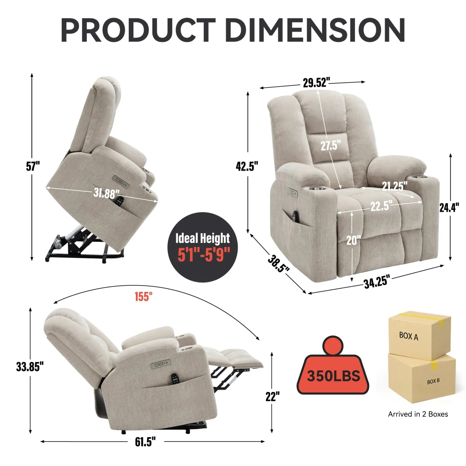 Streamdale Power Lift Recliner w/ Massage & Heat, USB, Cup Holders - Beige
