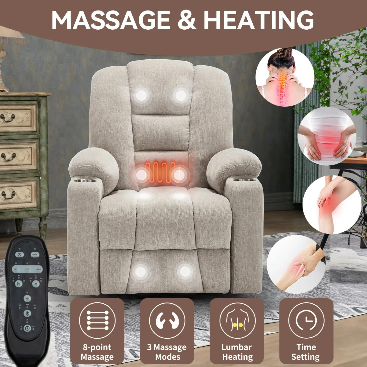 Streamdale Power Lift Recliner w/ Massage & Heat, USB, Cup Holders - Beige