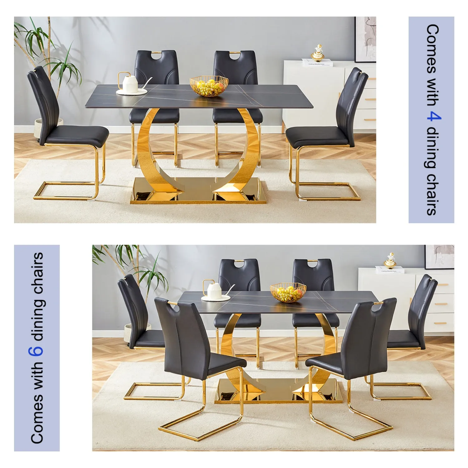 Streamdale Sintered Stone Dining Set: 6 Chairs, Golden Legs, Black Texture