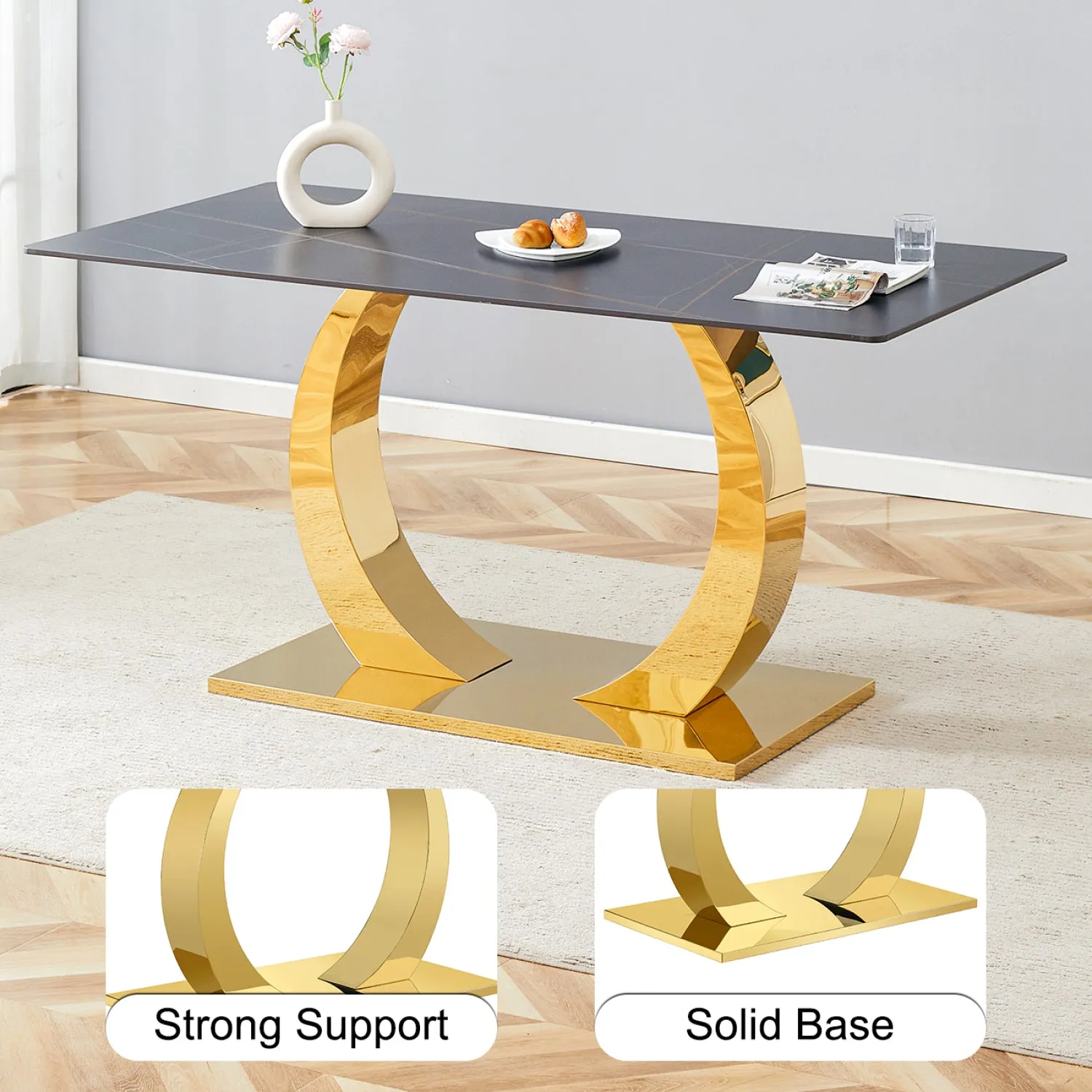 Streamdale Sintered Stone Dining Set: 6 Chairs, Golden Legs, Black Texture