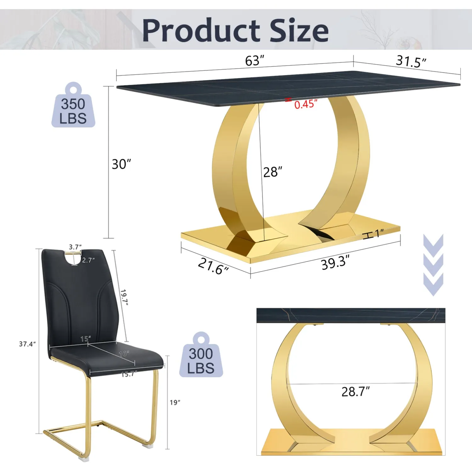Streamdale Sintered Stone Dining Set: 6 Chairs, Golden Legs, Black Texture