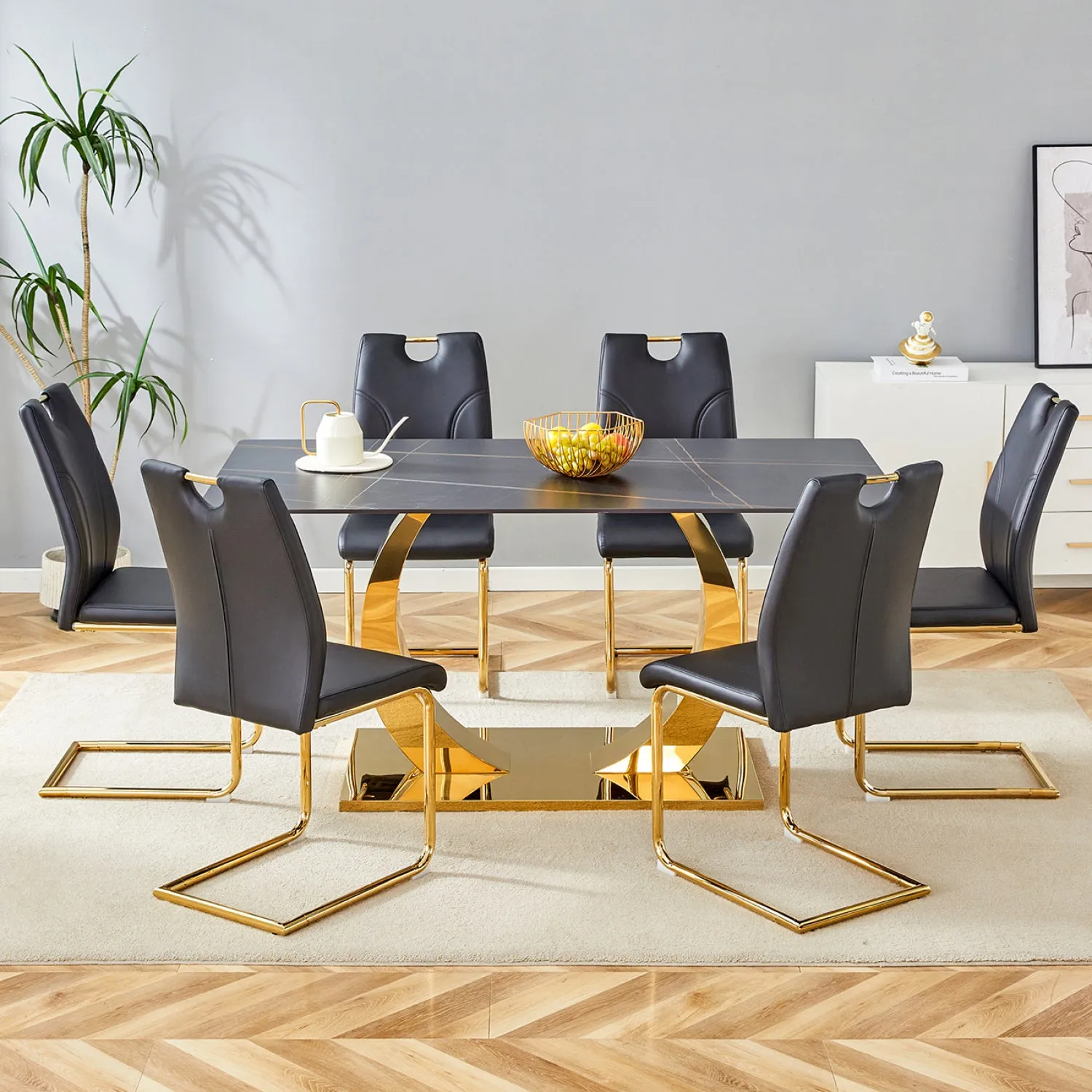 Streamdale Sintered Stone Dining Set: 6 Chairs, Golden Legs, Black Texture