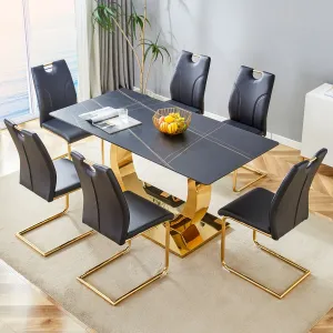 Streamdale Sintered Stone Dining Set: 6 Chairs, Golden Legs, Black Texture