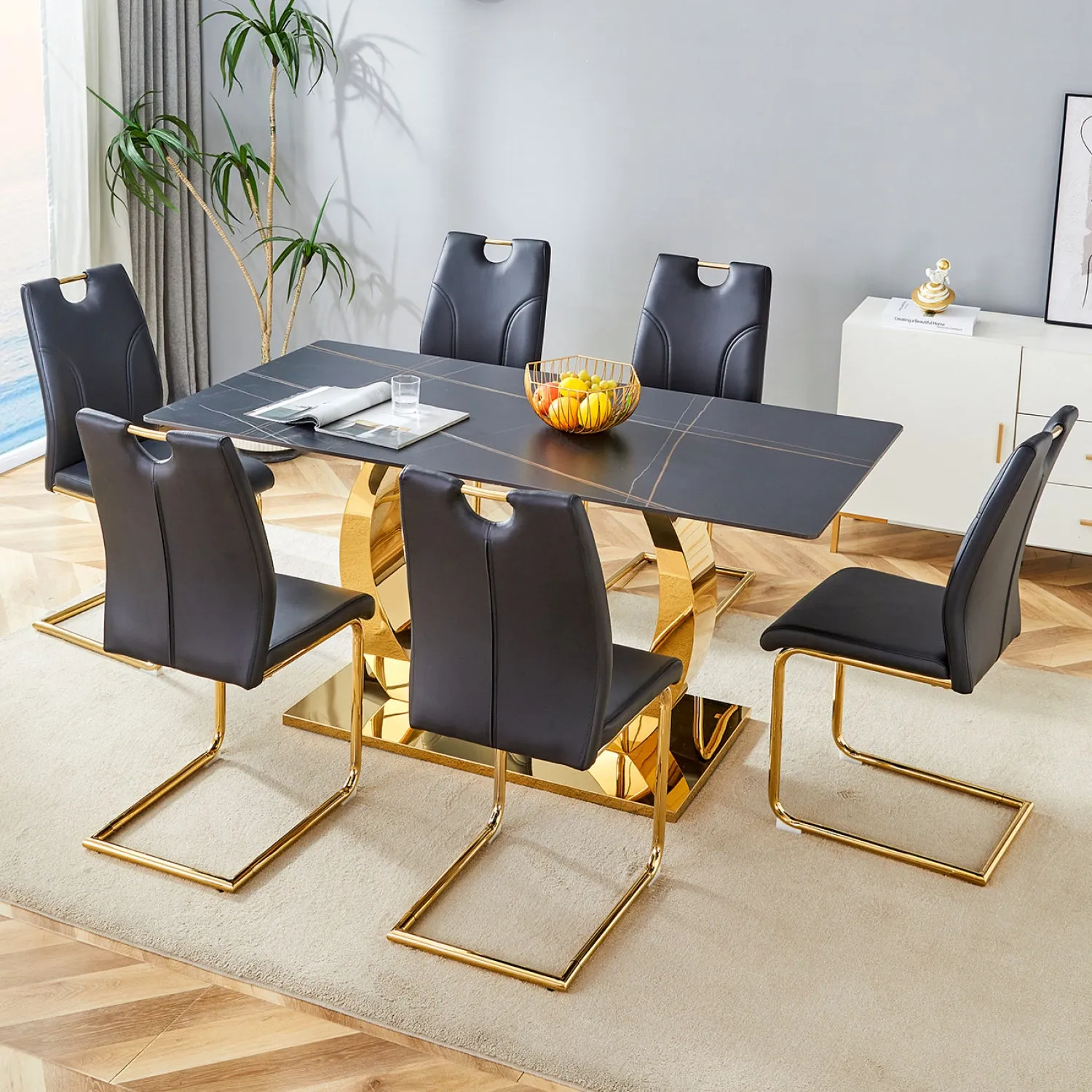 Streamdale Sintered Stone Dining Set: 6 Chairs, Golden Legs, Black Texture