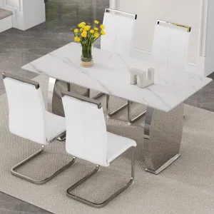 Streamdale Snow Mountain White Sintered Stone Dining Set - 4 PU Chairs