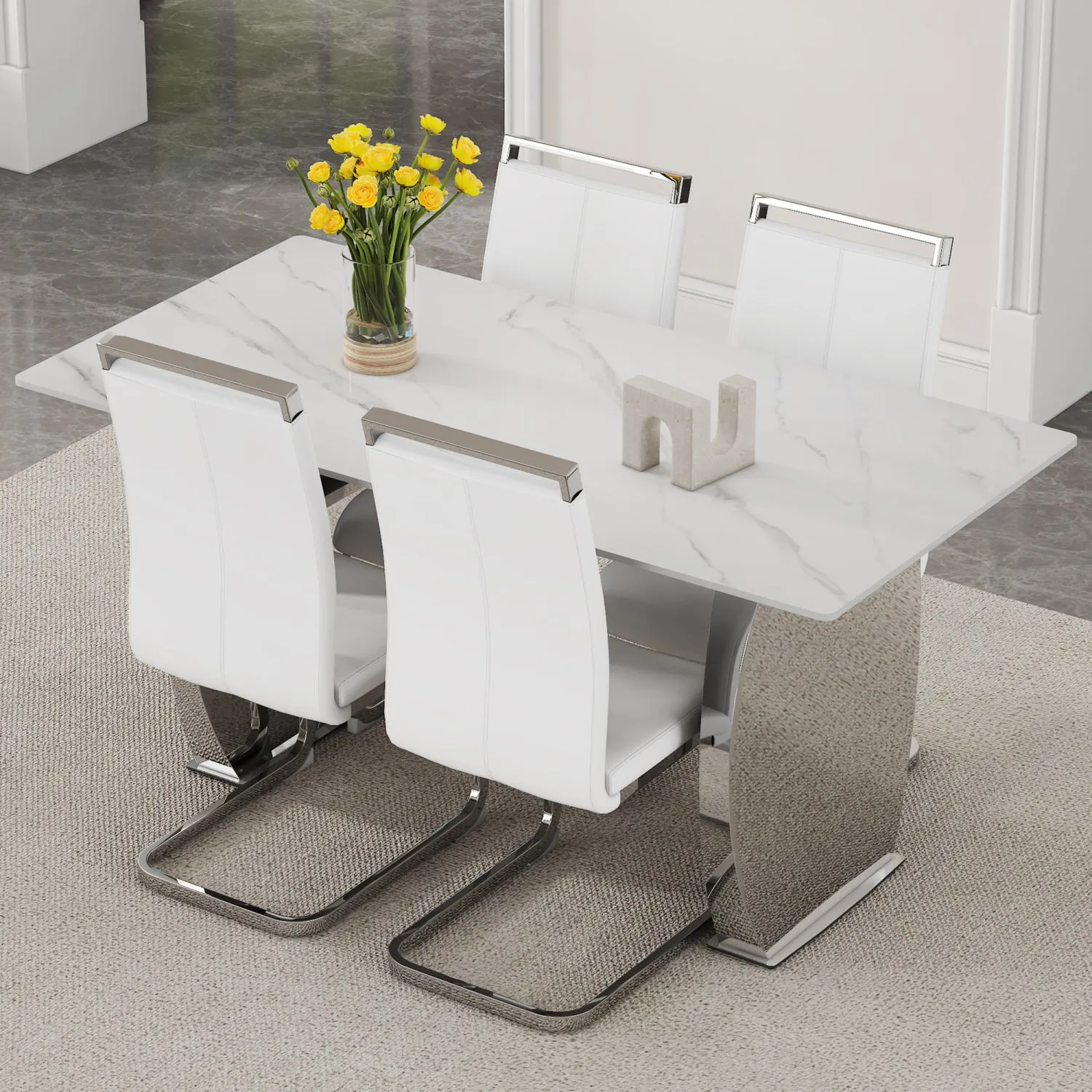 Streamdale Snow Mountain White Sintered Stone Dining Set - 4 PU Chairs