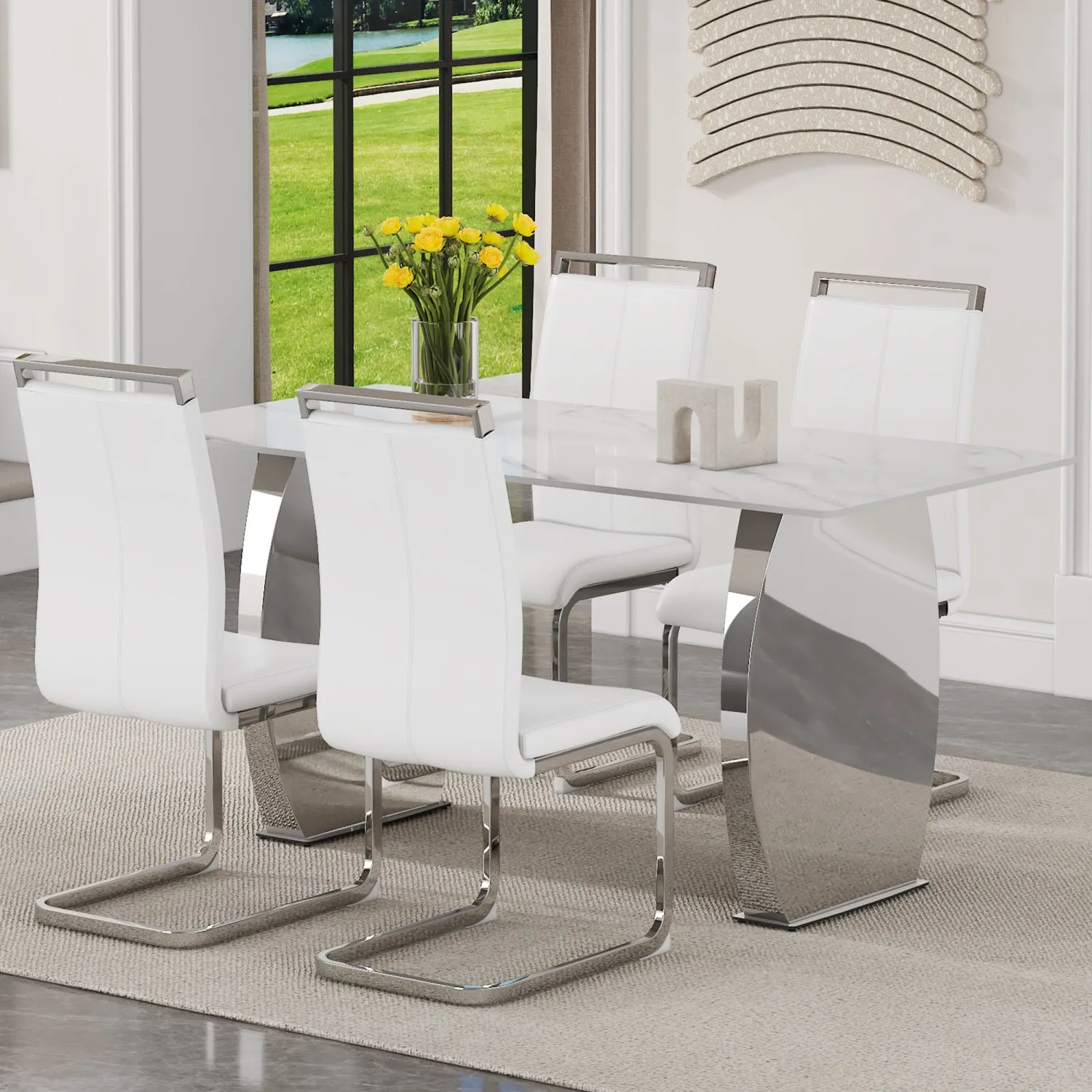 Streamdale Snow Mountain White Sintered Stone Dining Set - 4 PU Chairs