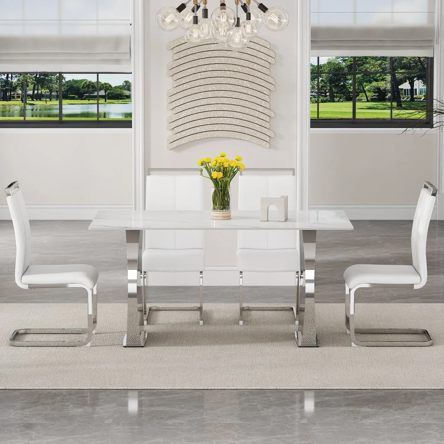 Streamdale Snow Mountain White Sintered Stone Dining Set - 4 PU Chairs