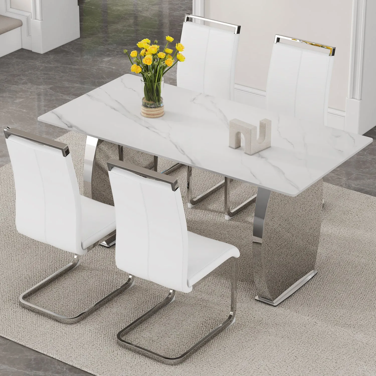 Streamdale Snow Mountain White Sintered Stone Dining Set - 4 PU Chairs