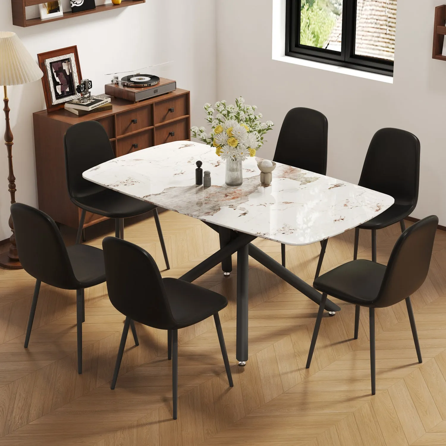 Streamdale White Marble Dining Set: 63" Table & 6 Black PU Chairs
