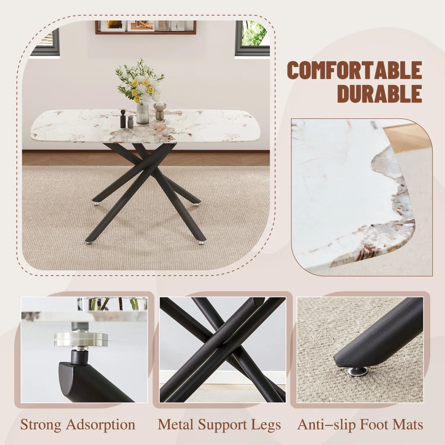 Streamdale White Marble Dining Set: 63" Table & 6 Black PU Chairs