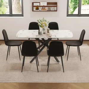 Streamdale White Marble Dining Set: 63" Table & 6 Black PU Chairs