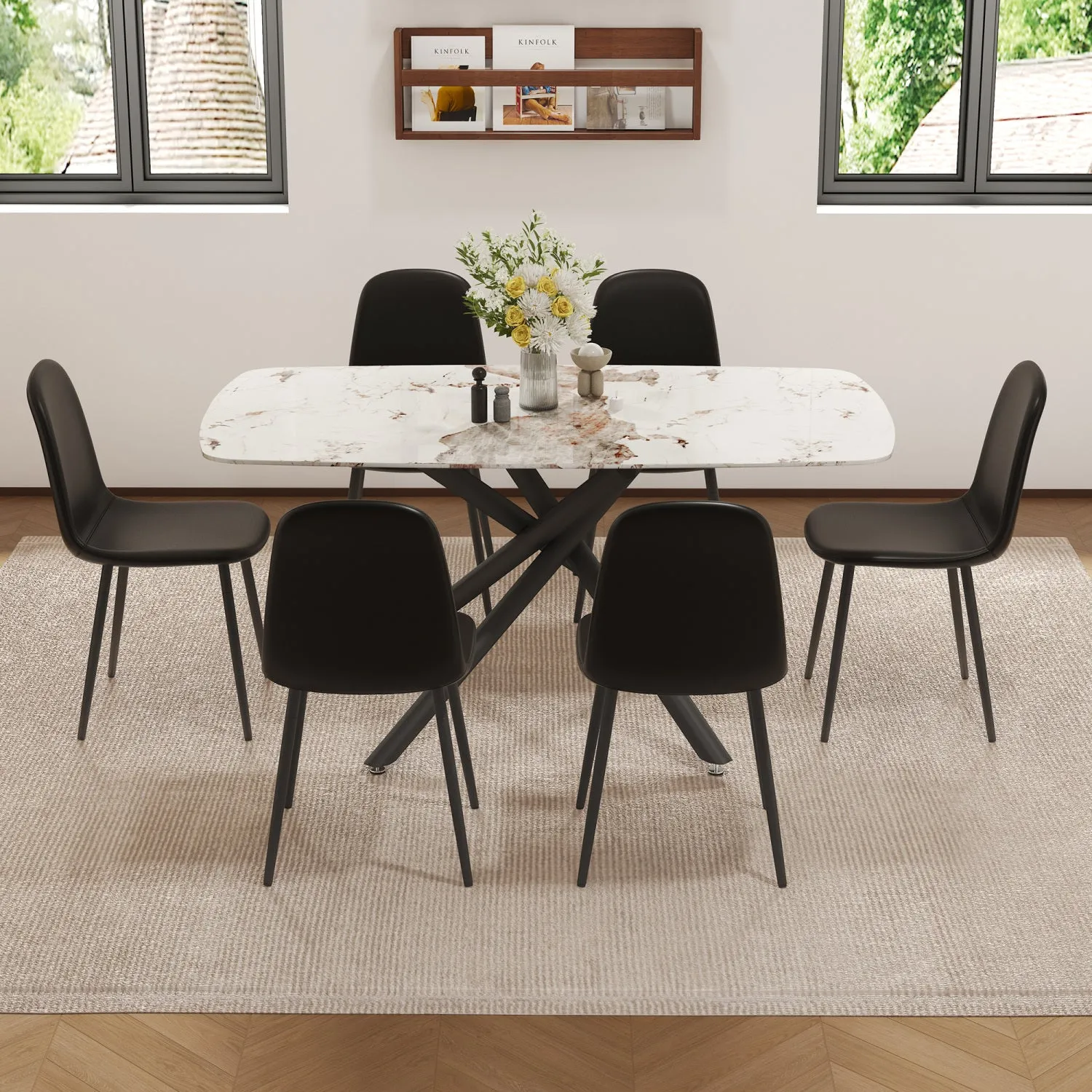Streamdale White Marble Dining Set: 63" Table & 6 Black PU Chairs