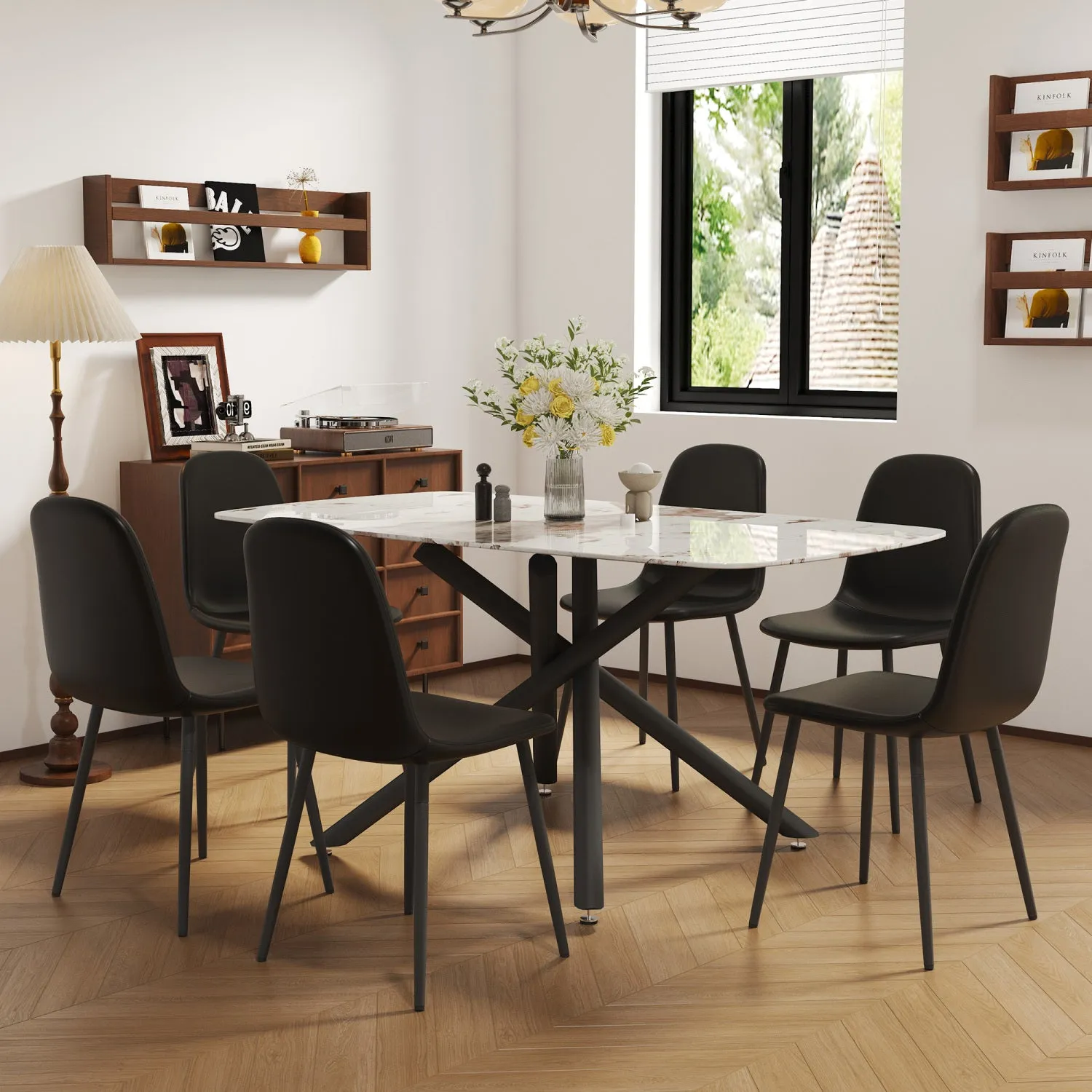 Streamdale White Marble Dining Set: 63" Table & 6 Black PU Chairs