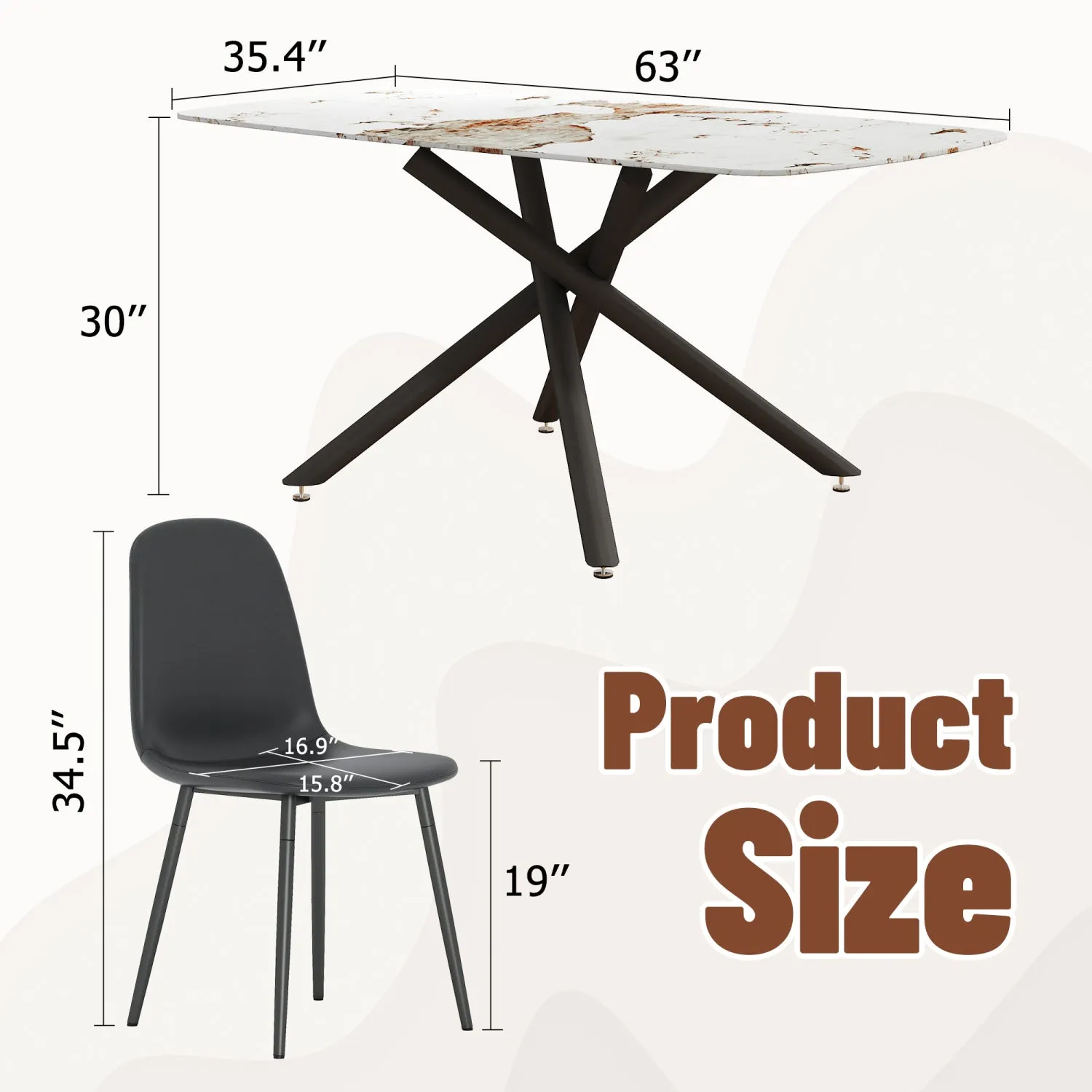 Streamdale White Marble Dining Set: 63" Table & 6 Black PU Chairs