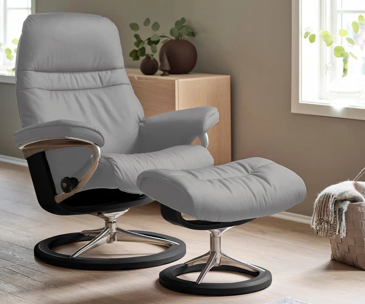 Stressless® Sunrise Recliner & Ottoman with Signature Base - Silver Grey