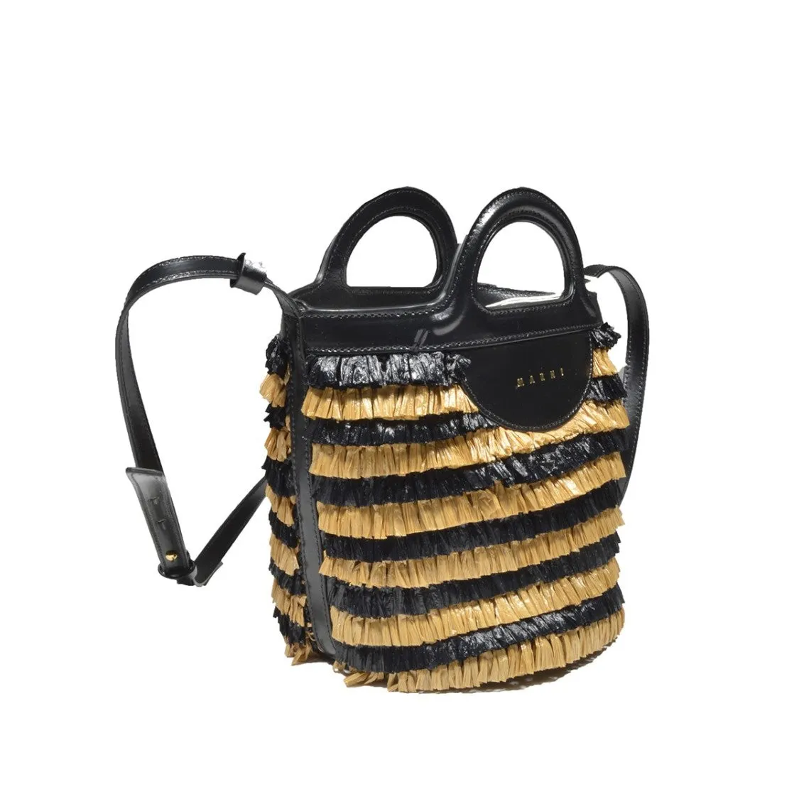 Two-Tone Raffia Fringe Bucket Bag