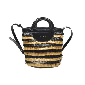Two-Tone Raffia Fringe Bucket Bag
