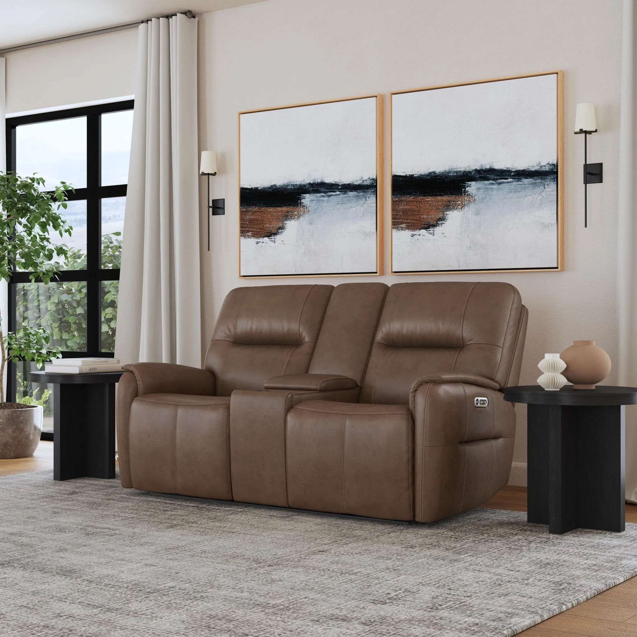 Wilson CafÃ© Leather Power Reclining Loveseat with Console and Power Headrests